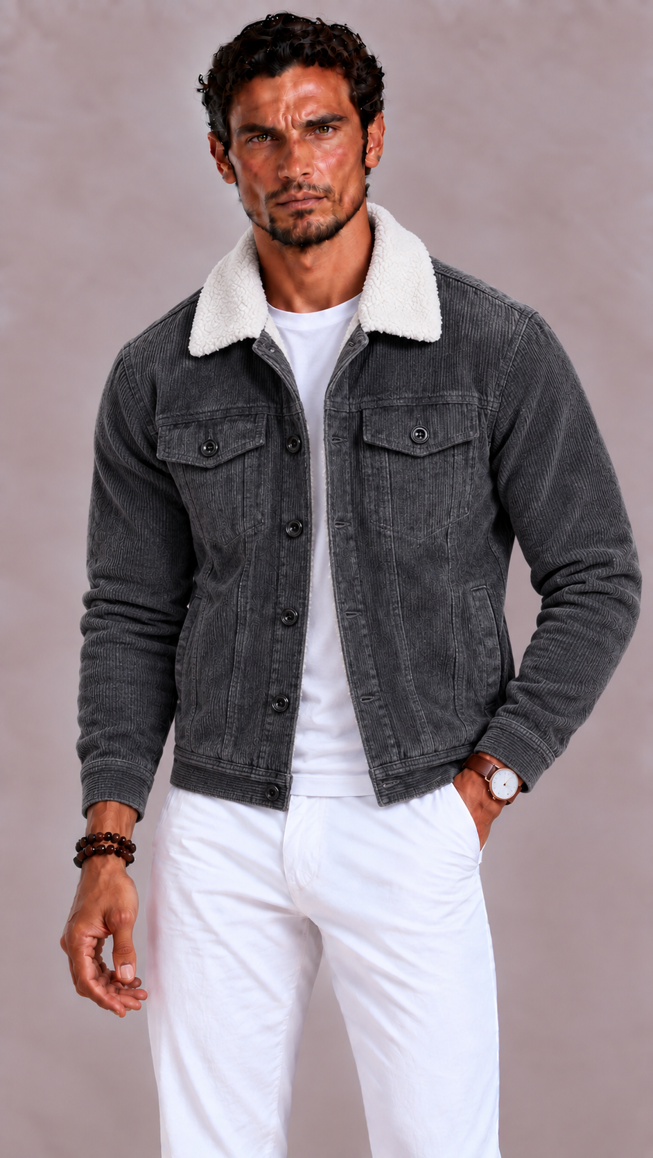 Lunelle | Men's Sherpa Winter Jacket with Collar, Button Closure, and Pockets