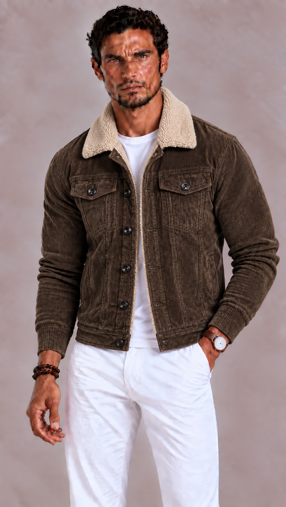 Lunelle | Men's Sherpa Winter Jacket with Collar, Button Closure, and Pockets