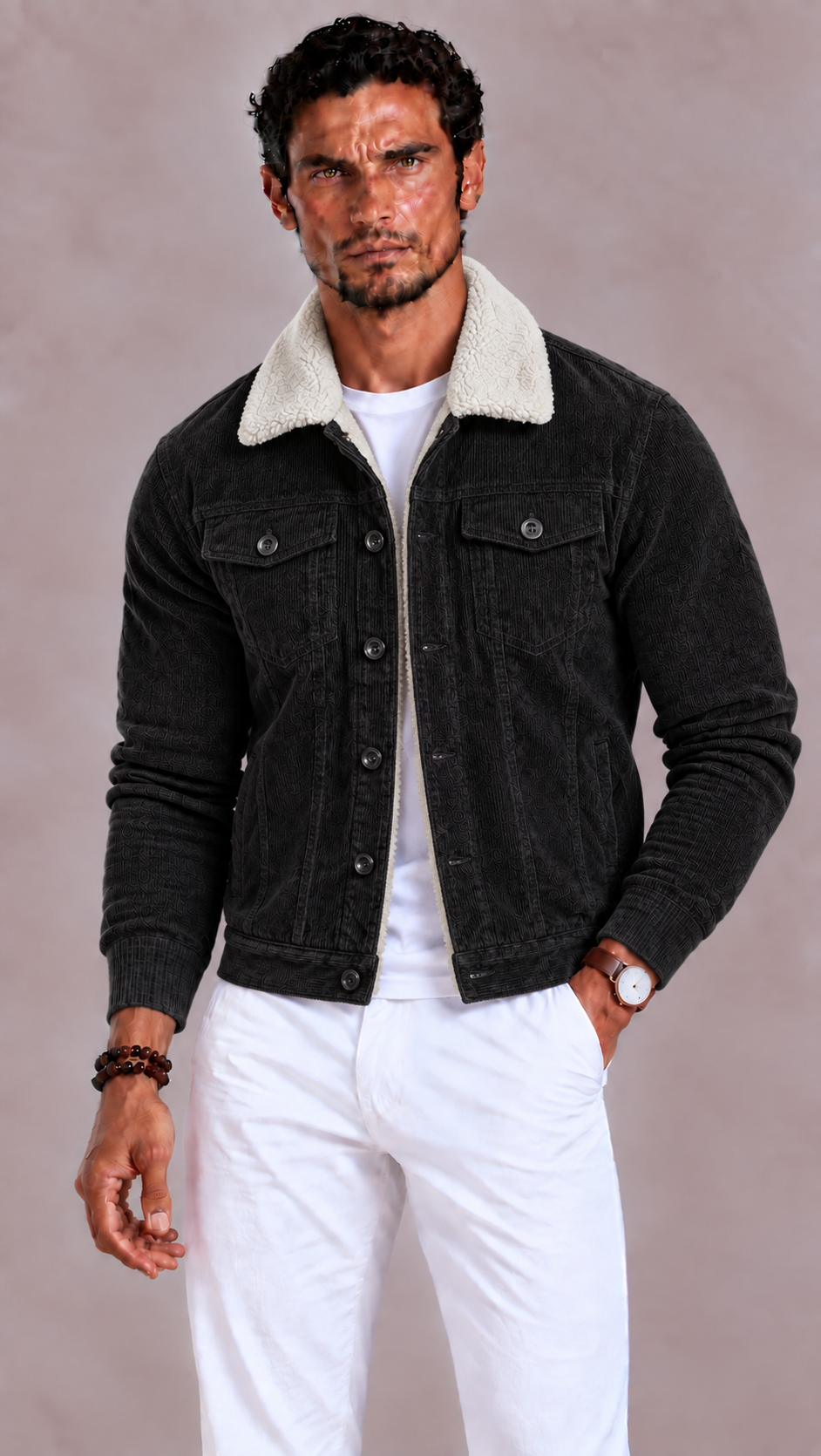 Lunelle | Men's Sherpa Winter Jacket with Collar, Button Closure, and Pockets