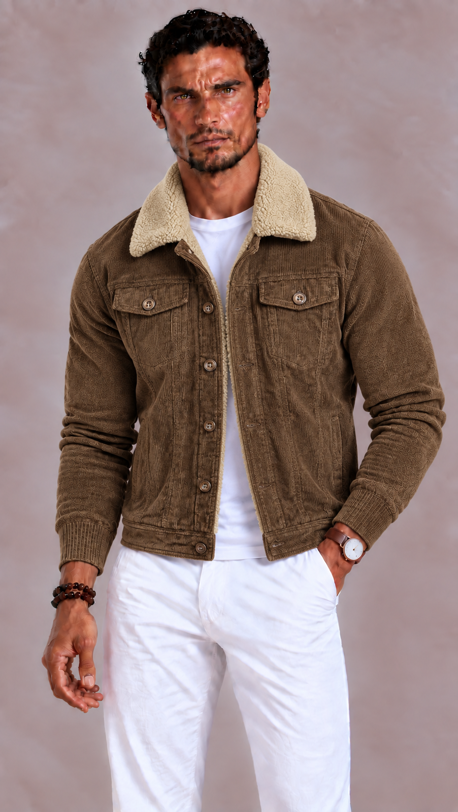 Lunelle | Men's Sherpa Winter Jacket with Collar, Button Closure, and Pockets