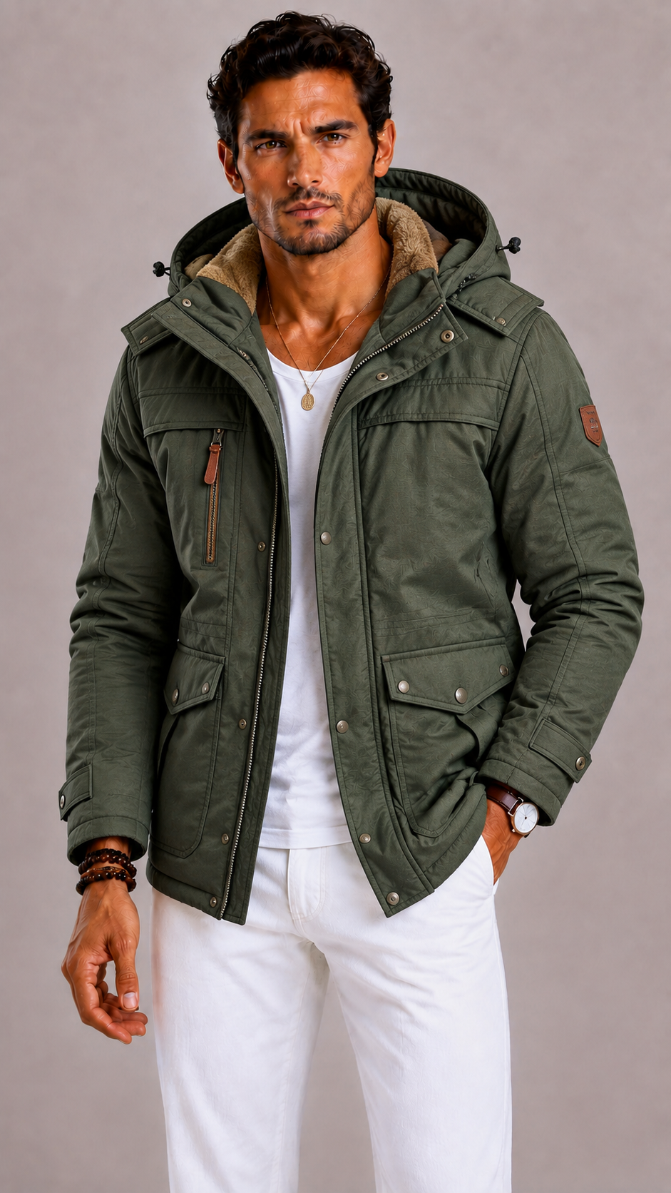 Lunelle | Men's Army Winter Jacket with Spacious Pockets and Regular Fit