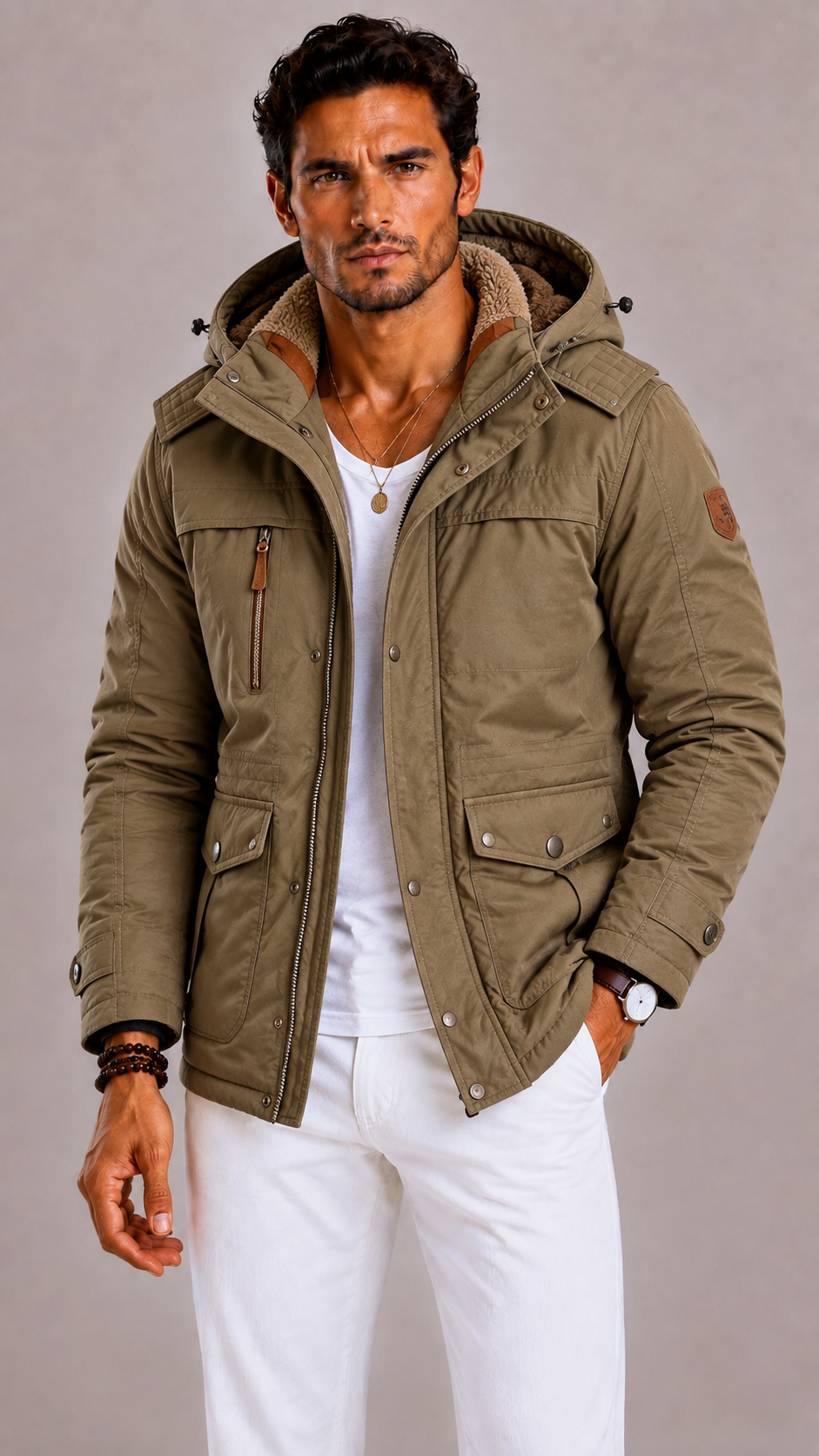 Lunelle | Men's Army Winter Jacket with Spacious Pockets and Regular Fit