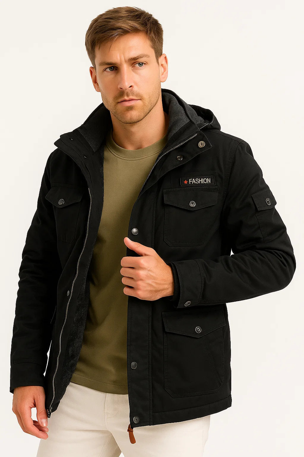 Lunelle | Men's Winter Jacket Army Green Fleece Thermal Hooded Casual Outdoor Jacket