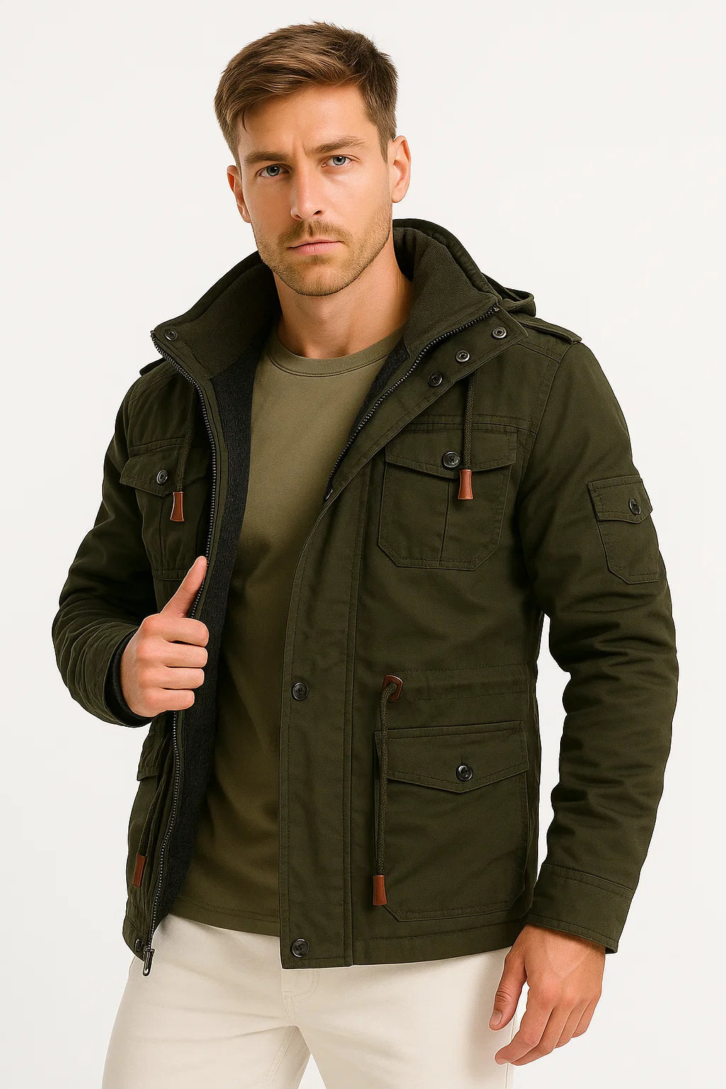 Lunelle | Men's Winter Jacket Army Green Fleece Thermal Hooded Casual Outdoor Jacket