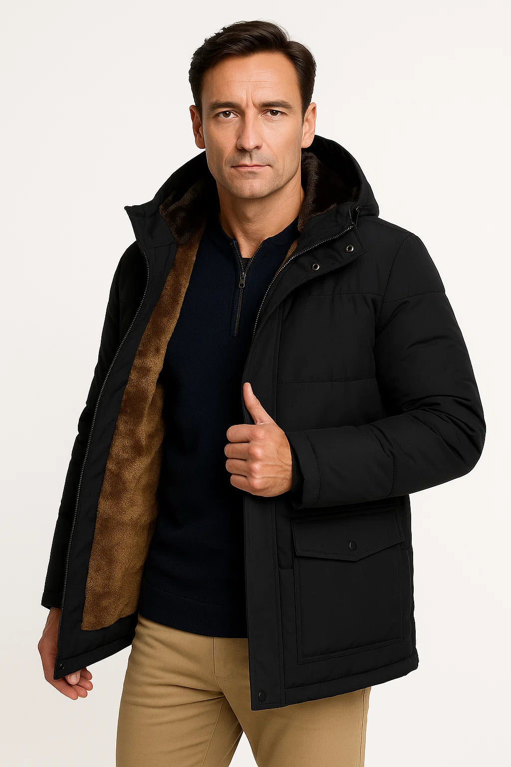 Lunelle | Men's Winter Coat Black Lambswool Oversized Hooded Thick Padded Jacket