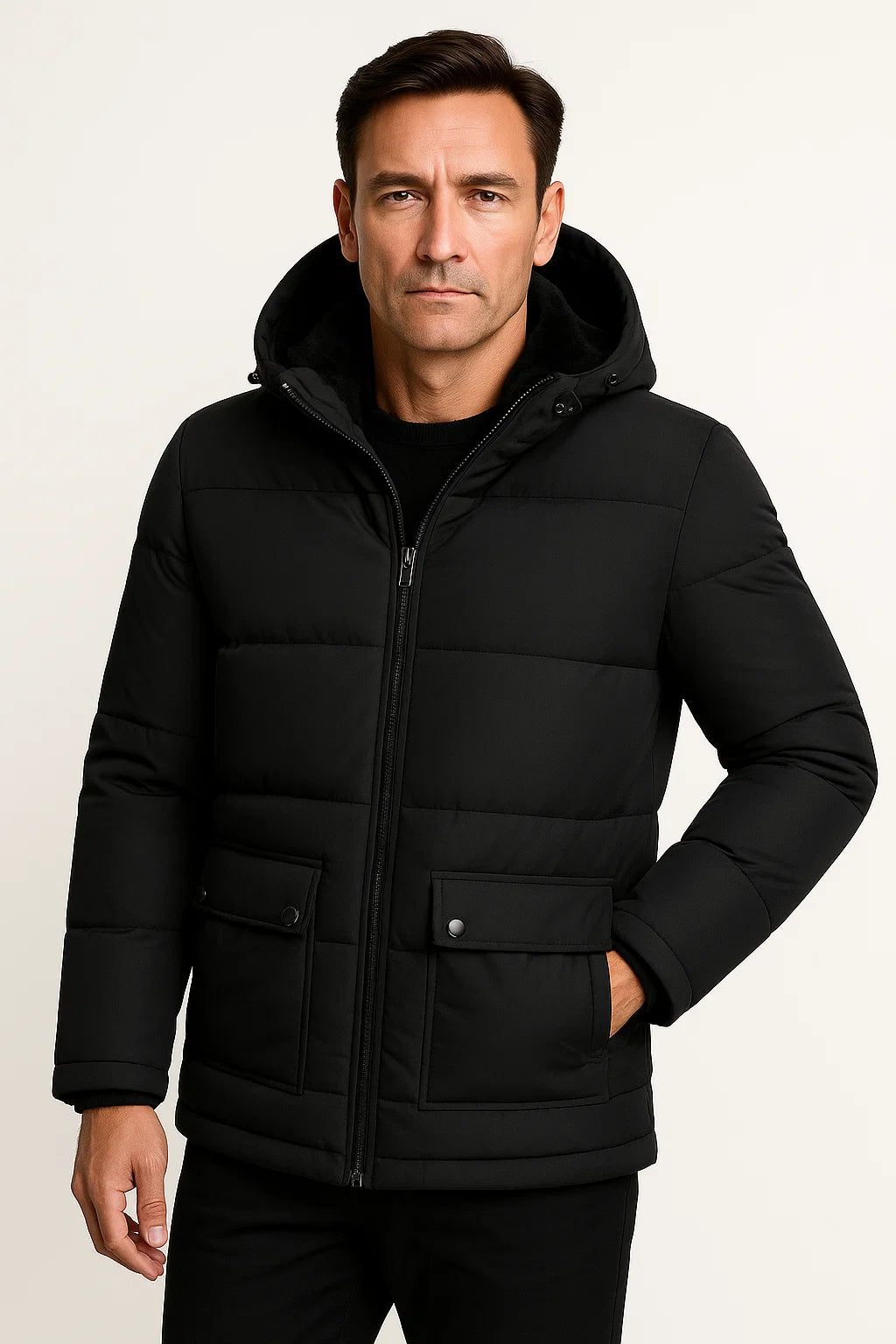 Lunelle | Men's Winter Coat Black Lambswool Oversized Hooded Thick Padded Jacket