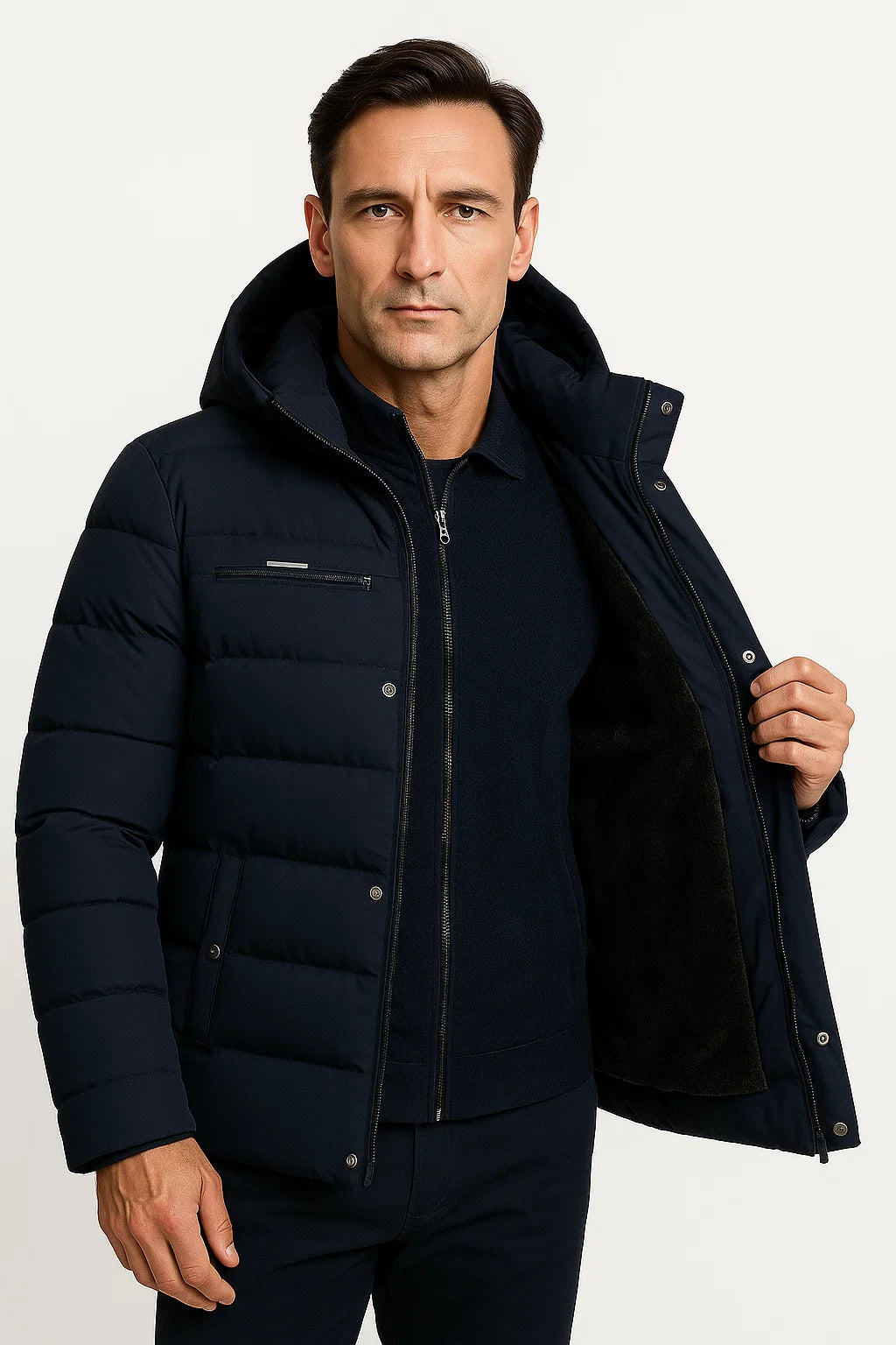 Lunelle | Men's Winter Coat Black Lambswool Oversized Hooded Thick Padded Jacket